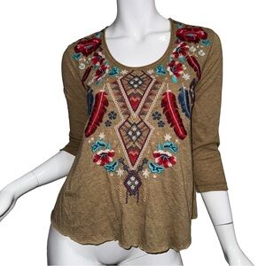 💖 Johnny Was Tan Embroidered Feather native American Style 3/4 Sleeve Top